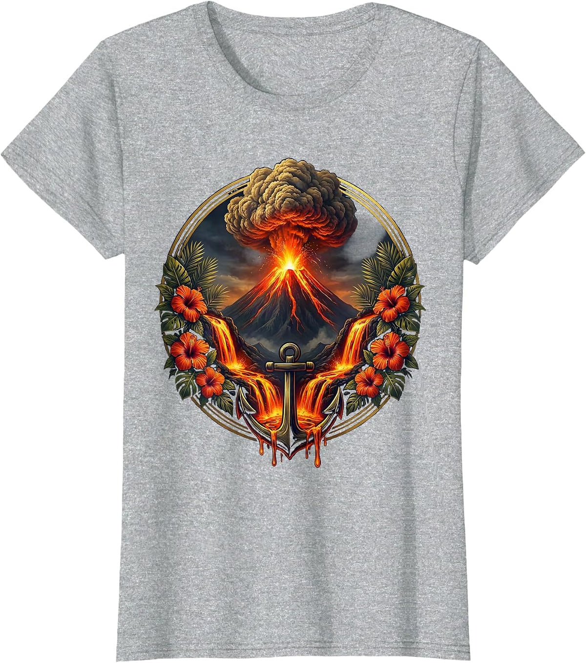 Hawaiian Volcano Erupting at Night Aloha Design T-Shirt - Heather Grey