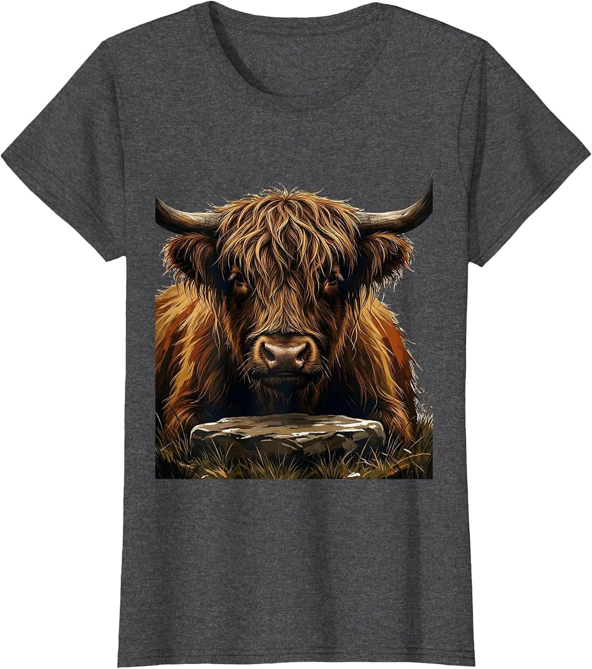 Women's Highland Cow Head Gouache Poster Animal Lover Humor T-Shirt - Dark Heather Grey