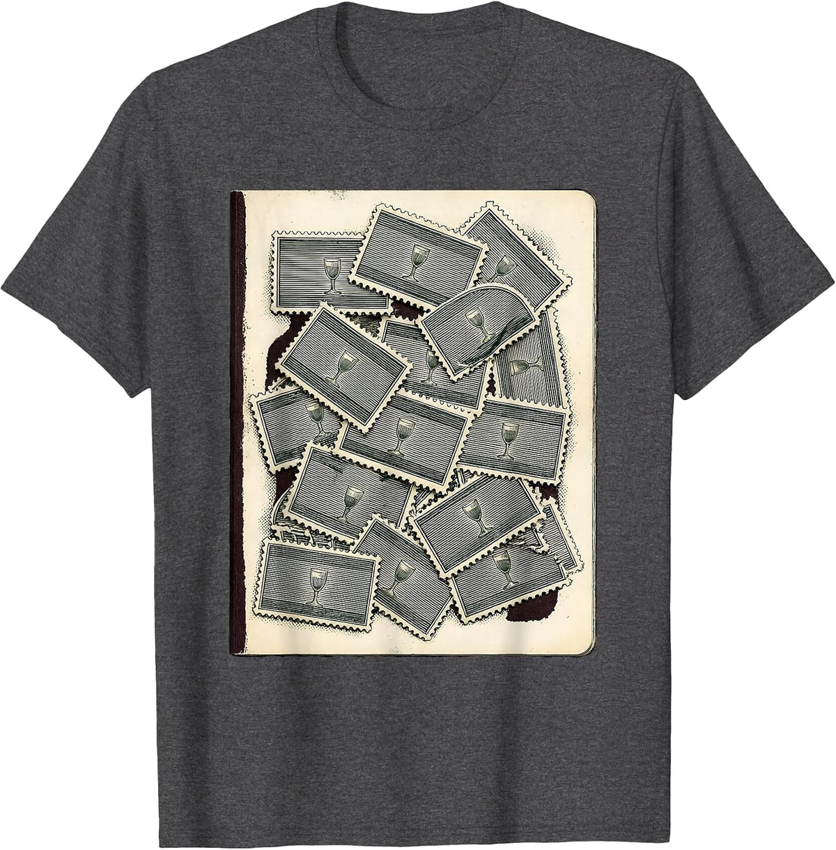 Men's Stamp Passport Page Crosshatch Etching Travel Drinking Team T-Shirt - Dark Heather Grey
