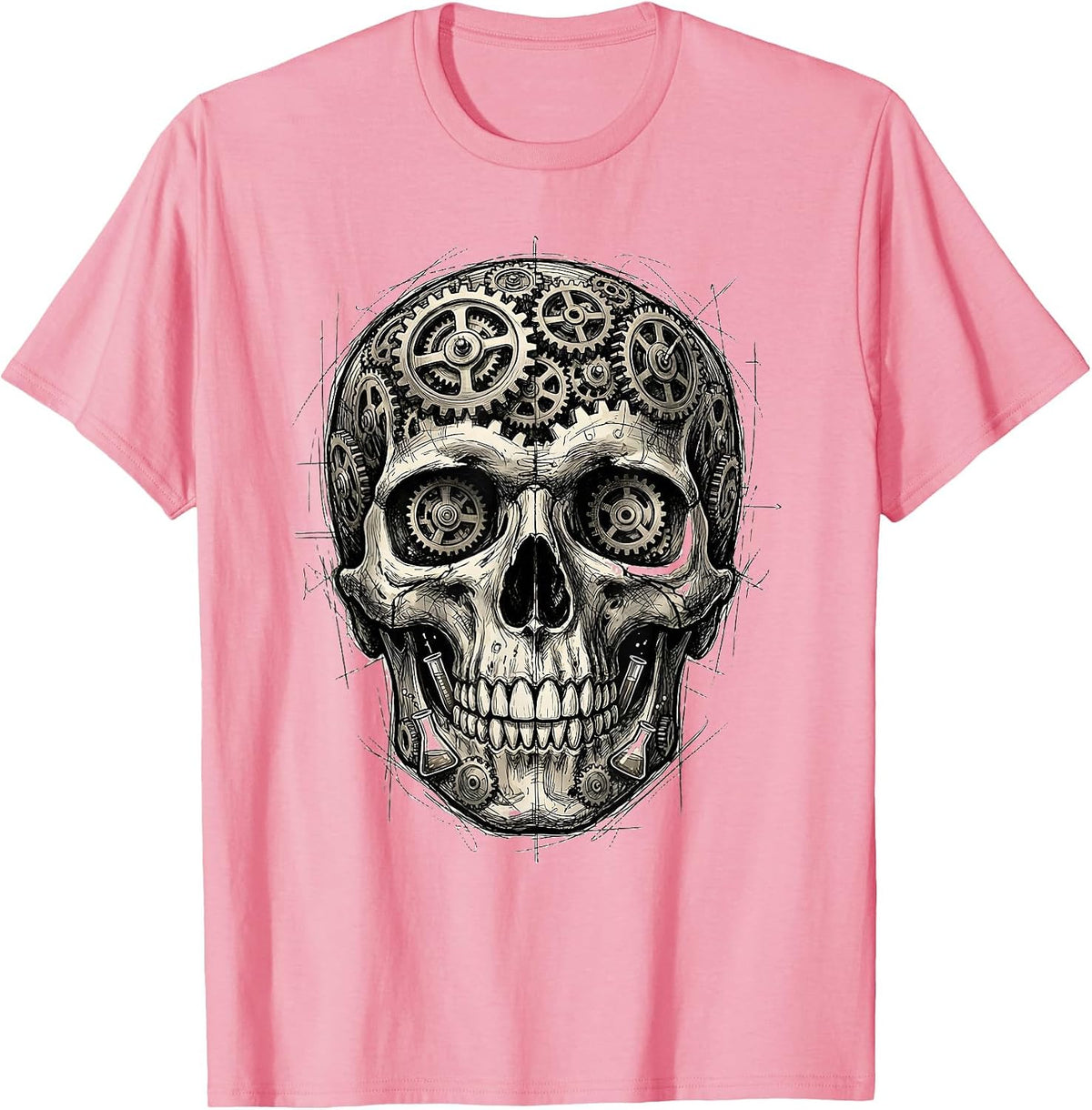 Men's Science Teacher Skull Gears Test Tubes Graphic T-Shirt - Pink