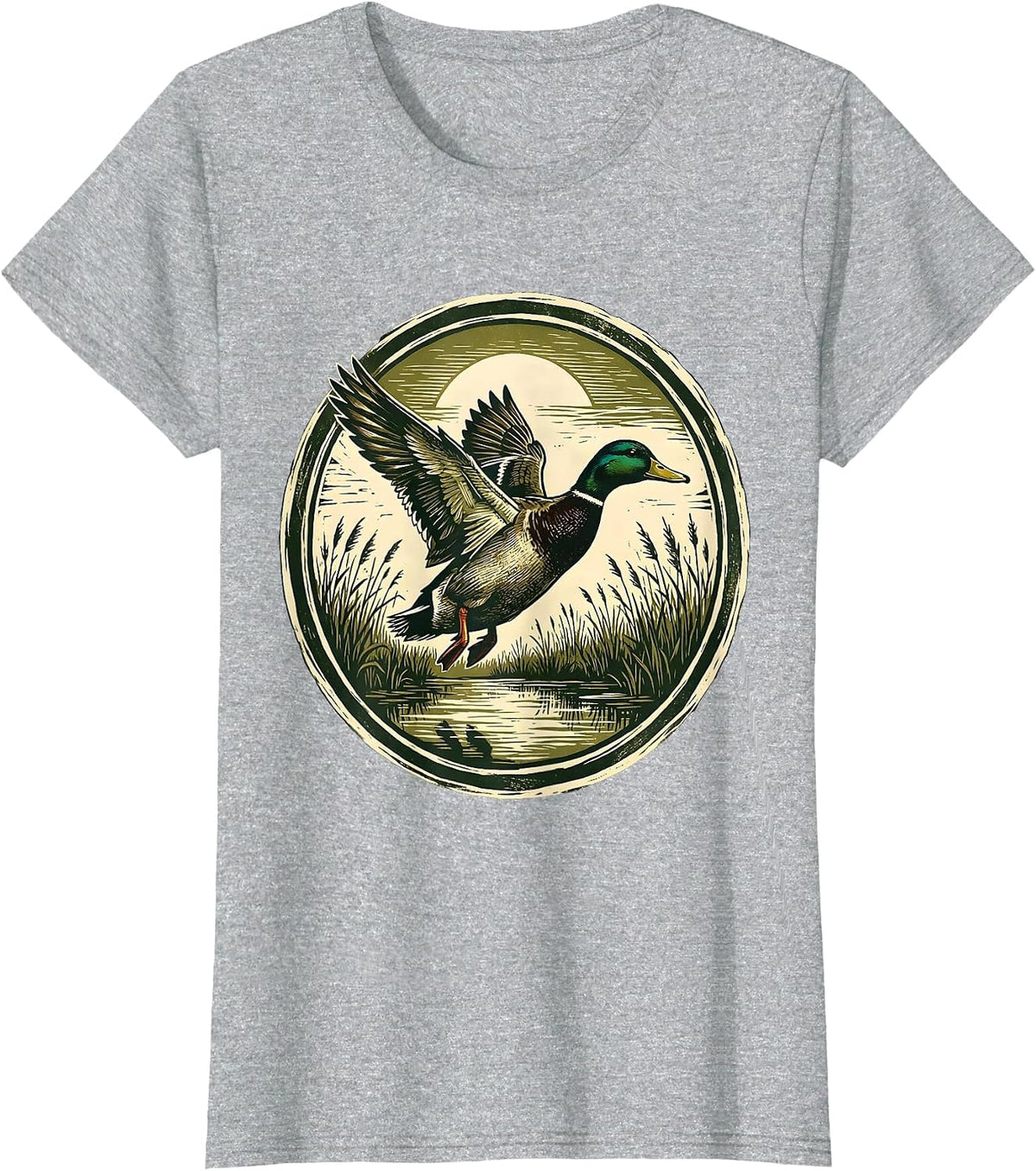 Camo Duck Flying Over Marshland at Dawn T-Shirt - Heather Grey