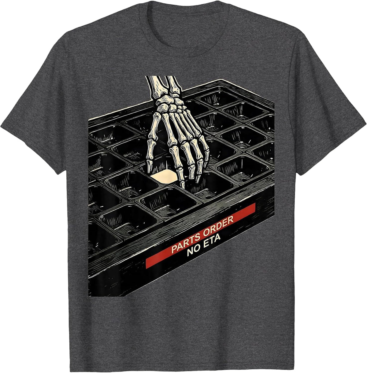 Men's Parts Order No ETA Funny Mechanic Skeleton Auto Repair T-Shirt - Dark Heather Grey