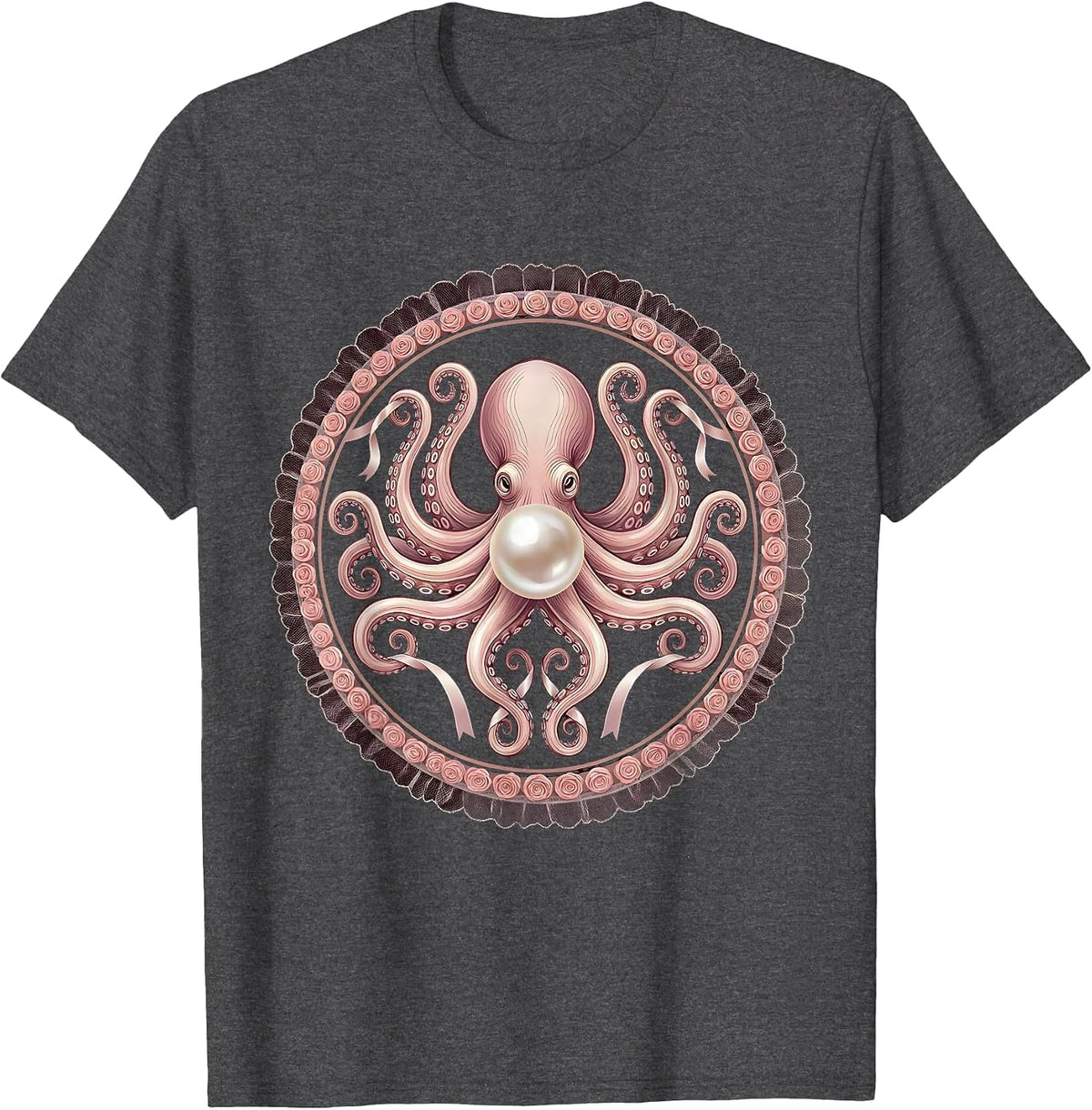 Octopus Pearl Embrace Ocean Art Design T-Shirt - Dark Heather Grey