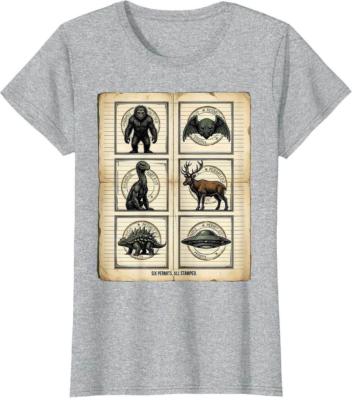 Women's Six Permits, All Stamped Vintage Cryptid Humor Cryptozoology T-Shirt - Heather Grey