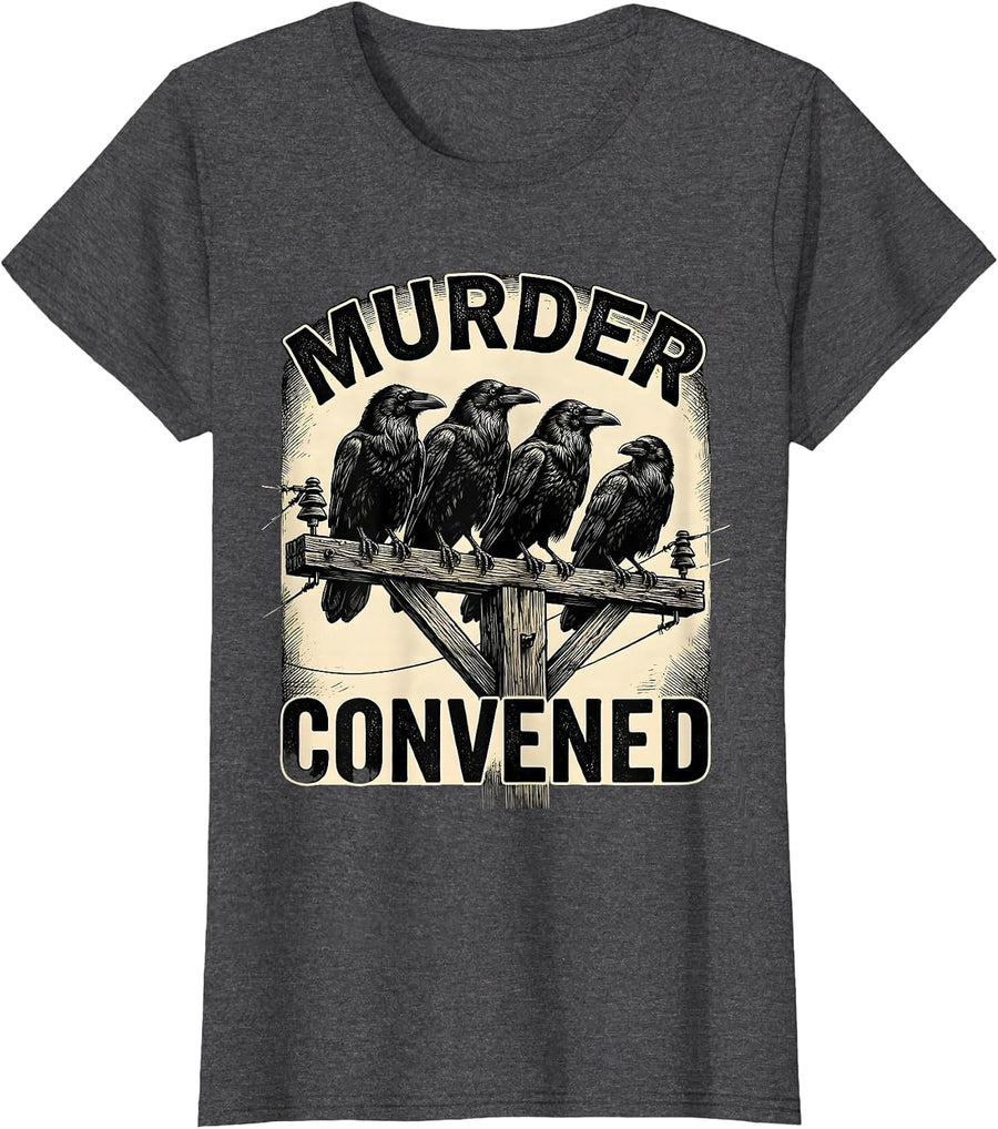 Women's Murder Convened Gothic Crow Dark Humor Bird Lover T-Shirt - Dark Heather Grey