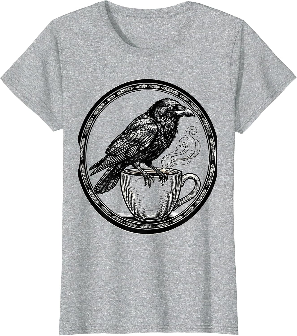 Crow Perched on Coffee Cup Side-Eye Illustration T-Shirt - Heather Grey