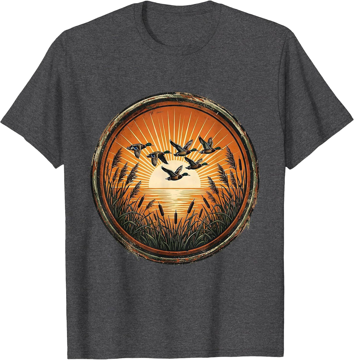Duck Camo V-Formation Sunrise Flying Ducks T-Shirt - Dark Heather Grey