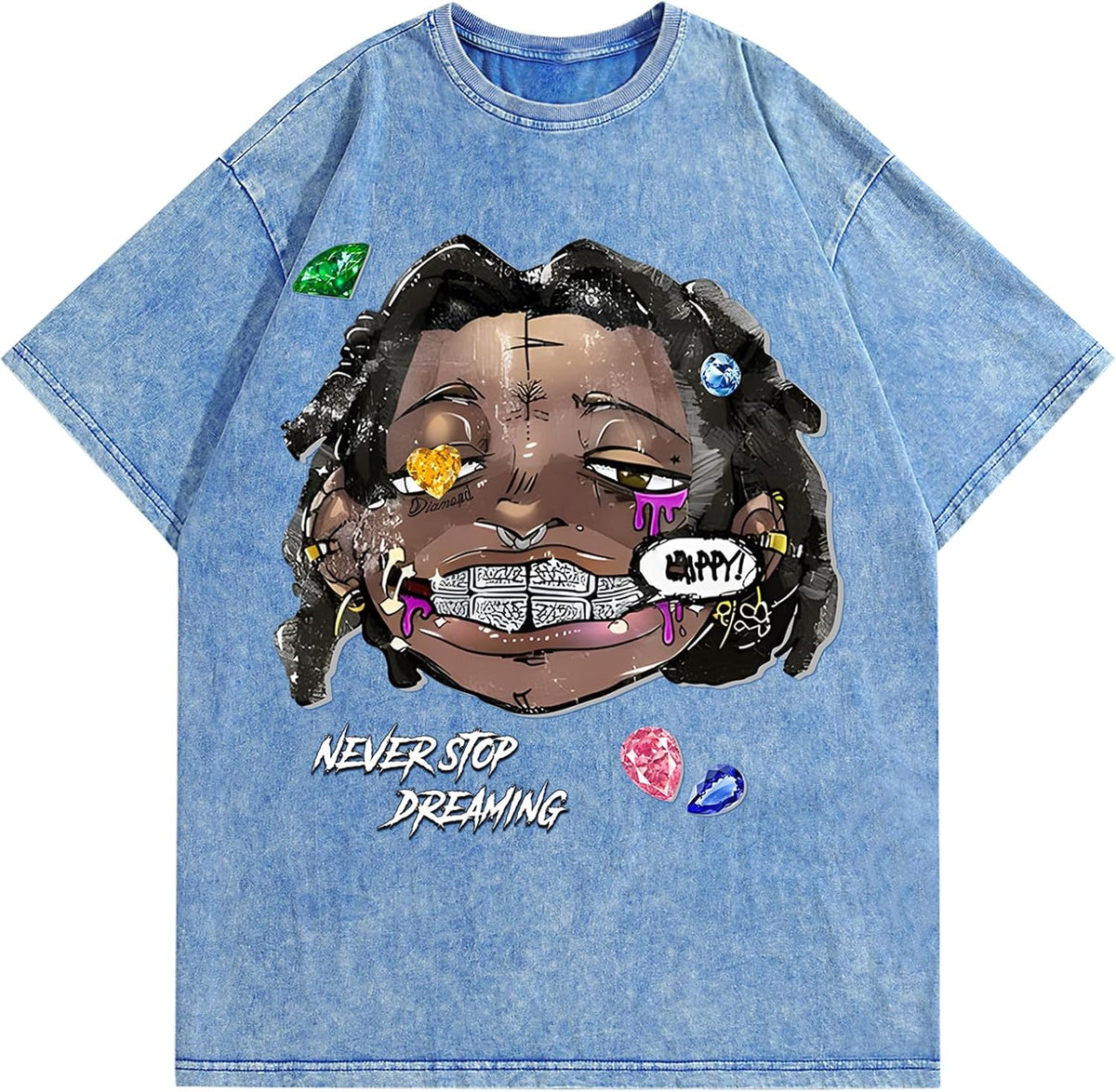 BAPHITY Mens Graphic Tees Acid Washed Y2K Vintage Streetwear T-Shirt Summer - Blue