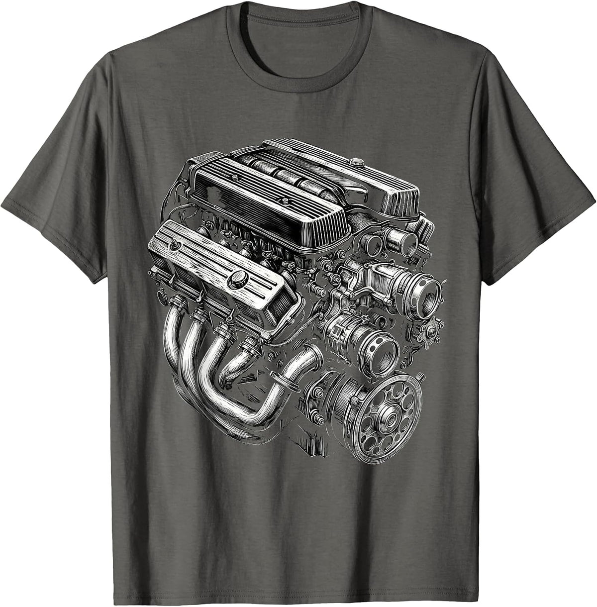 Vintage Engine Block Chrome Classic Car Mechanic T-Shirt - Asphalt Grey