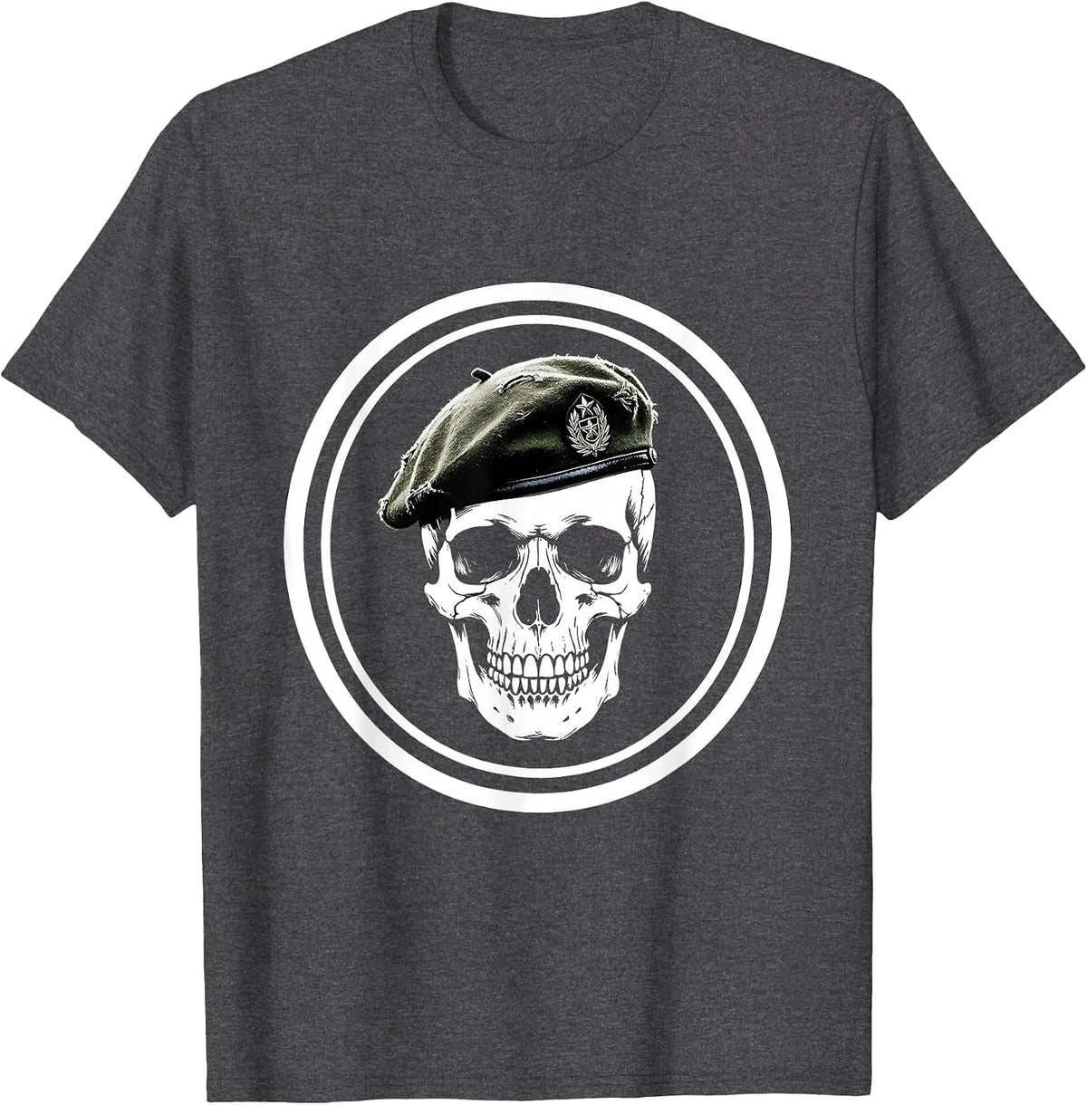 Skull Military Beret Veteran Graphic Design T-Shirt - Dark Heather Grey
