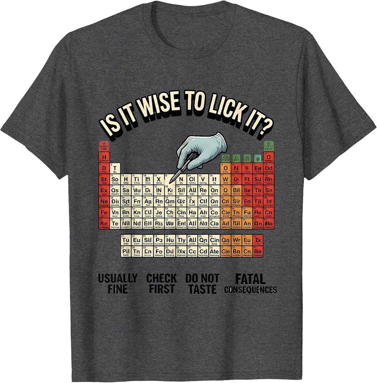 Is It Wise To Lick It Funny Periodic Table Science Teacher T-Shirt - Dark Heather Grey