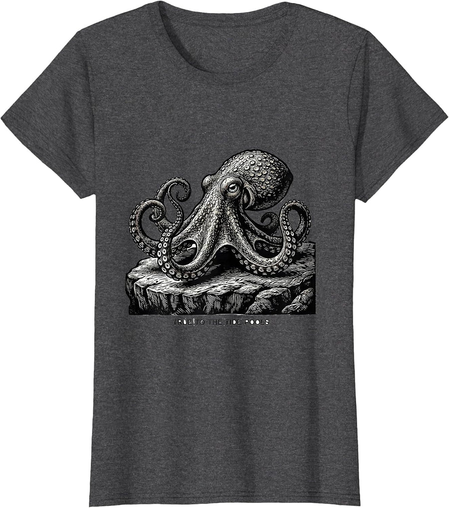 Women's True to the Tide Pools Vintage Octopus Japanese Sea Animal T-Shirt - Dark Heather Grey