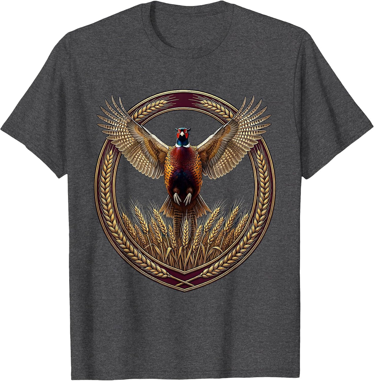 Pheasant Burst Golden Wheat Field Illustration T-Shirt - Dark Heather Grey