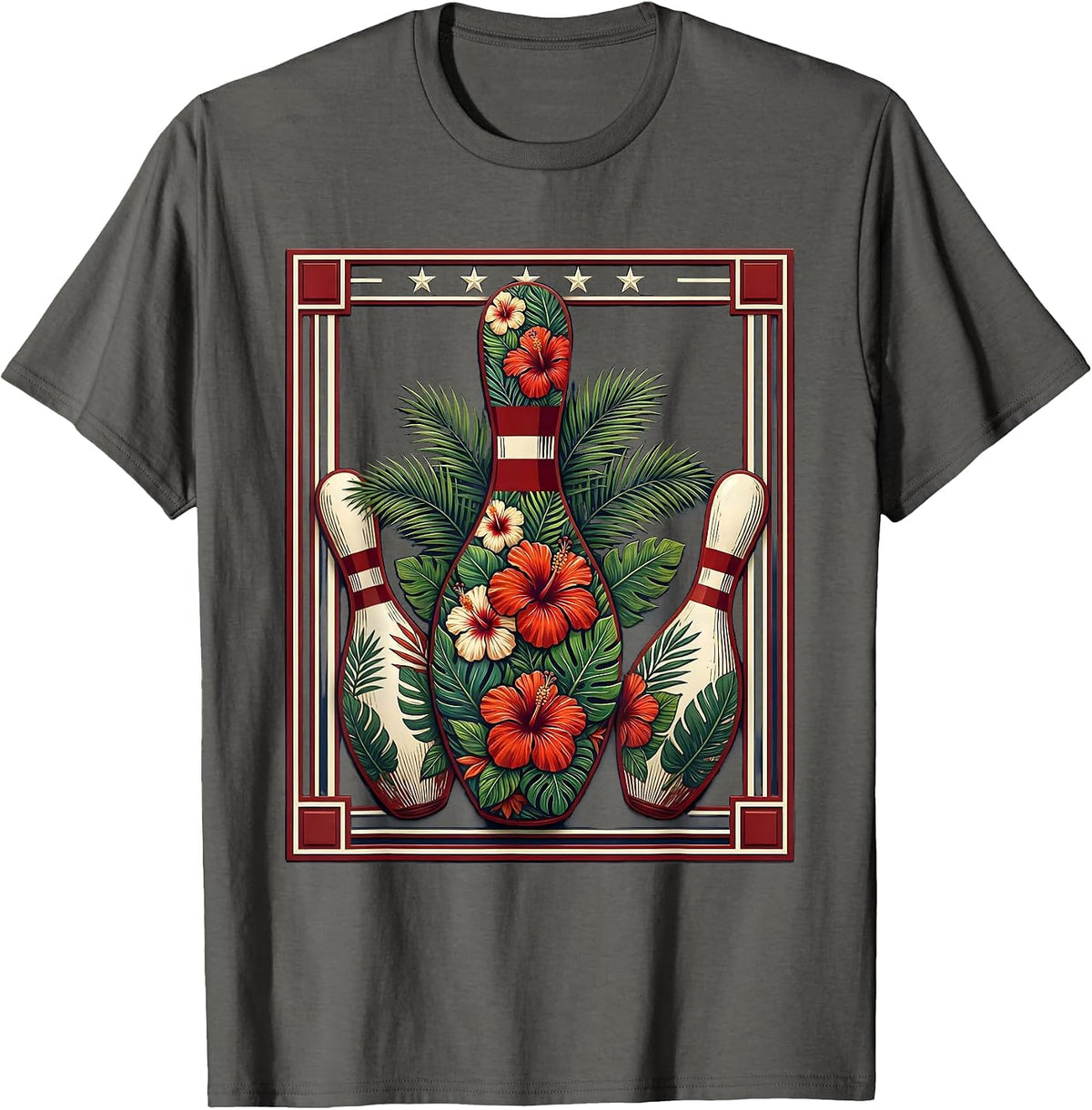 Retro Tropical Bowling Illustration Vintage Style T-Shirt - Asphalt Grey