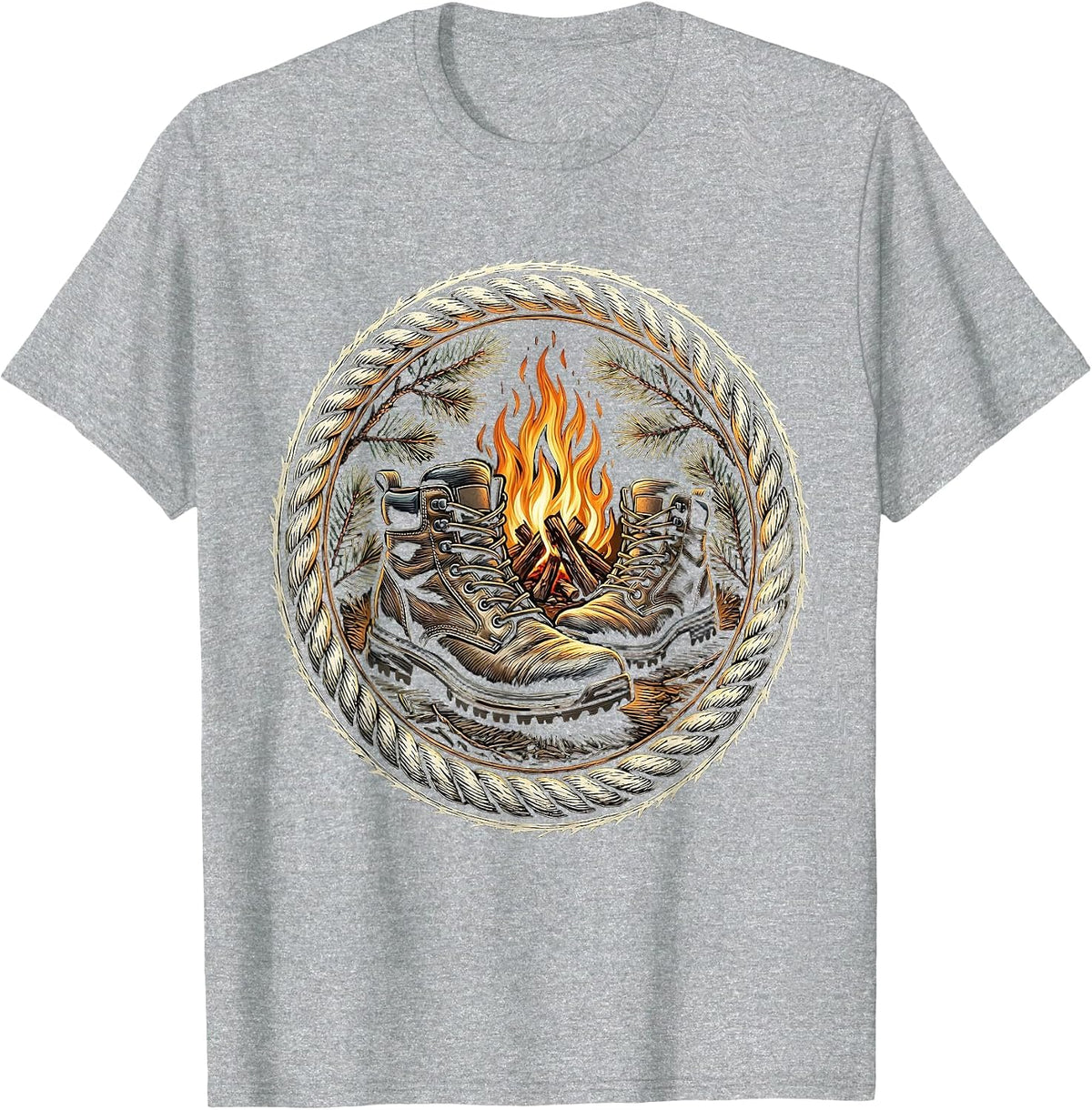 Men's Hunting Boots Campfire Illustration Hunting Design T-Shirt - Heather Grey