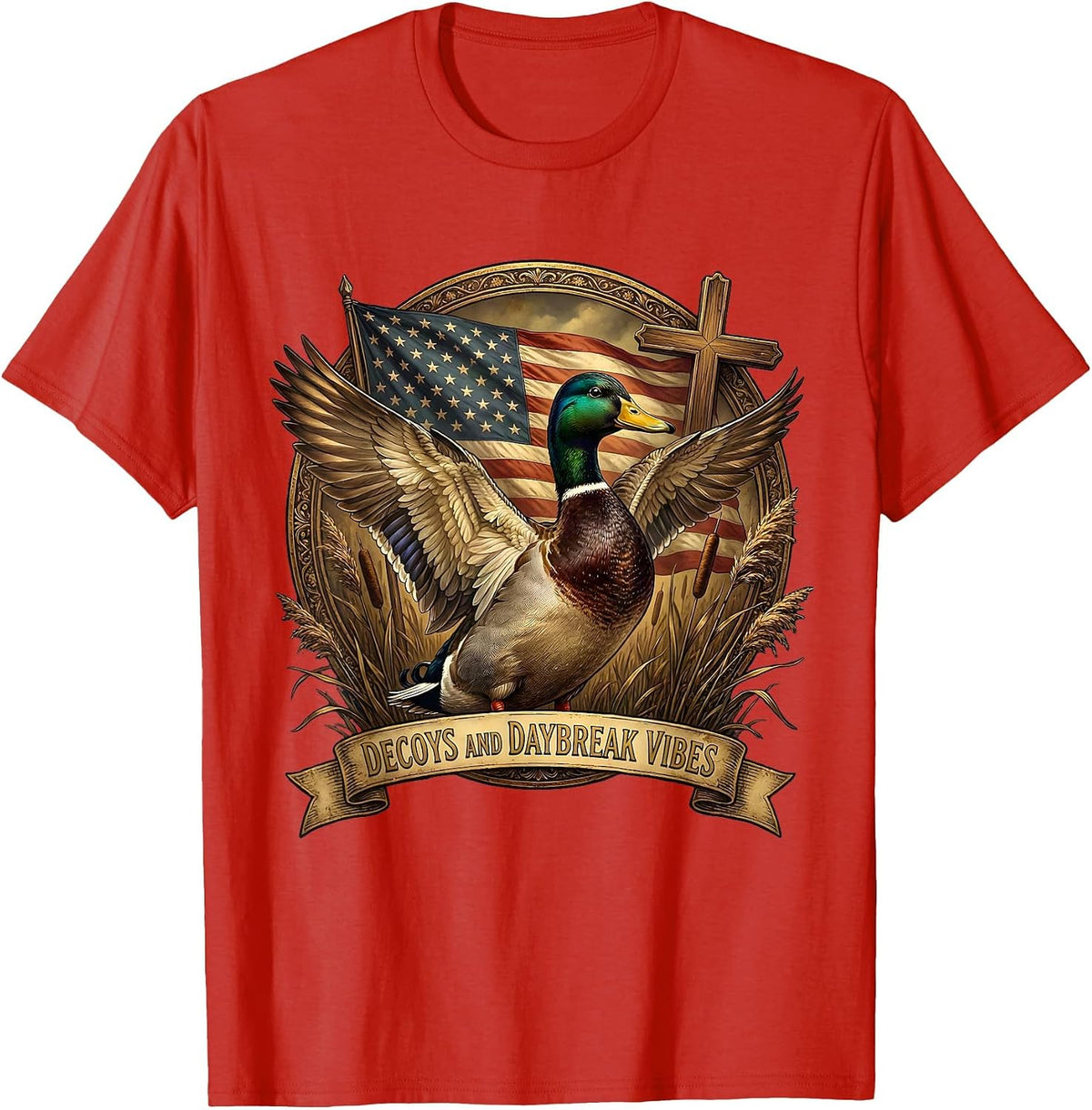 Men's Decoys and Daybreak Vibes Duck Camo Design T-Shirt - Red