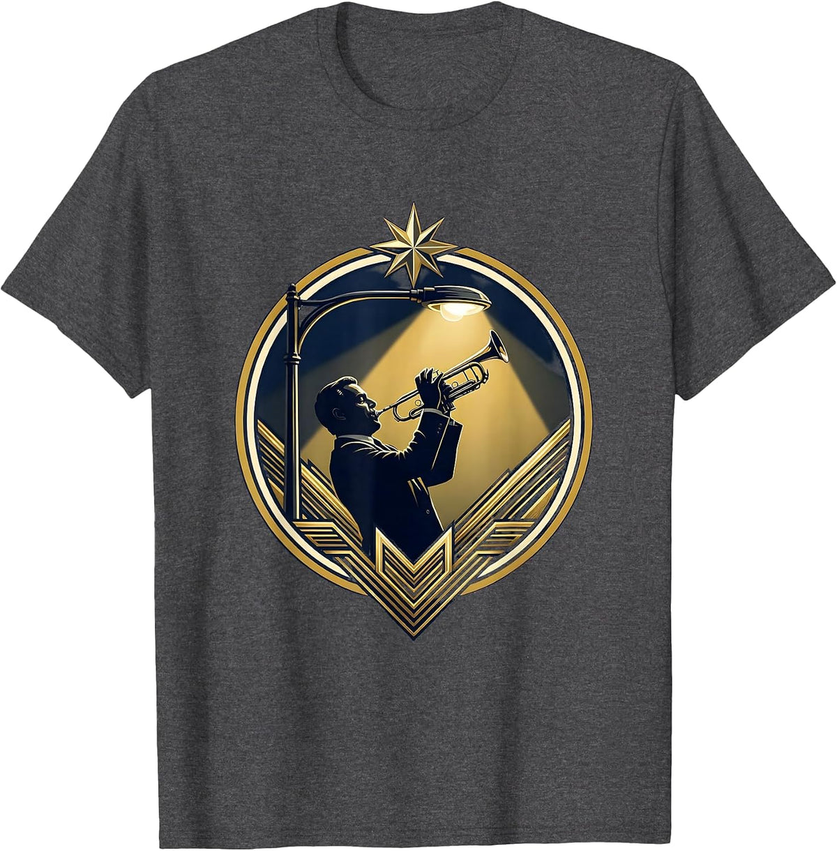 Chicago Jazz Trumpet Player Under Streetlight T-Shirt - Dark Heather Grey