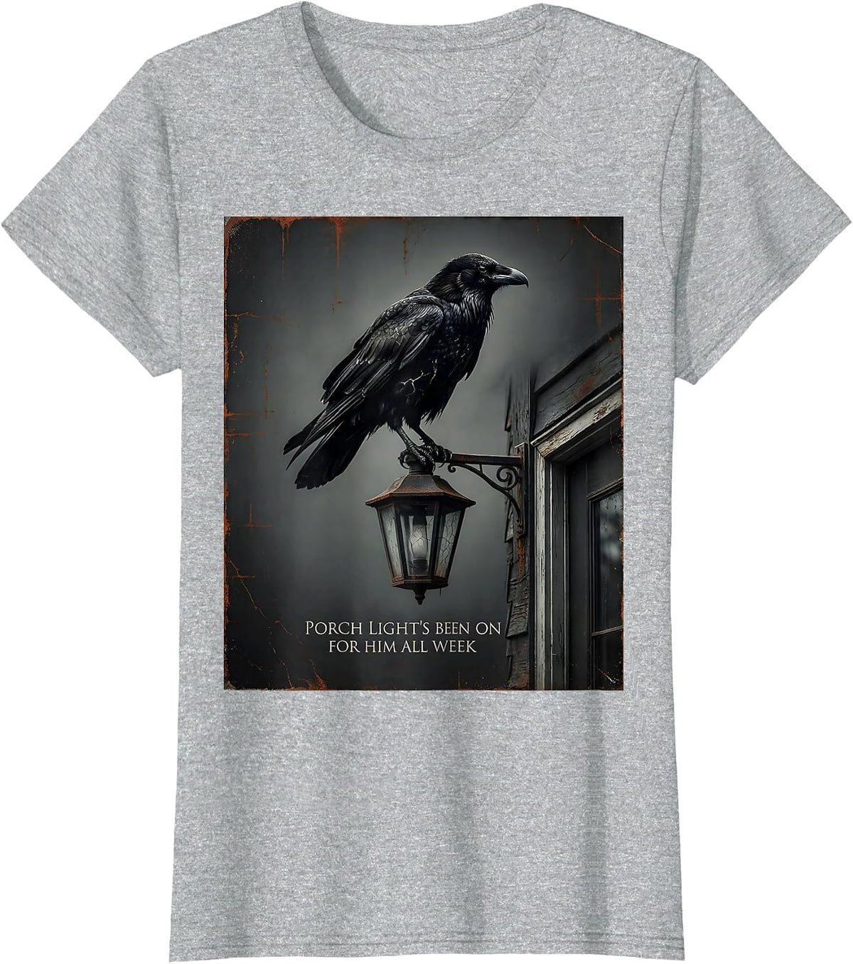 Women's Porch Light's Been On For Him All Week Gothic Literary Raven T-Shirt - Heather Grey