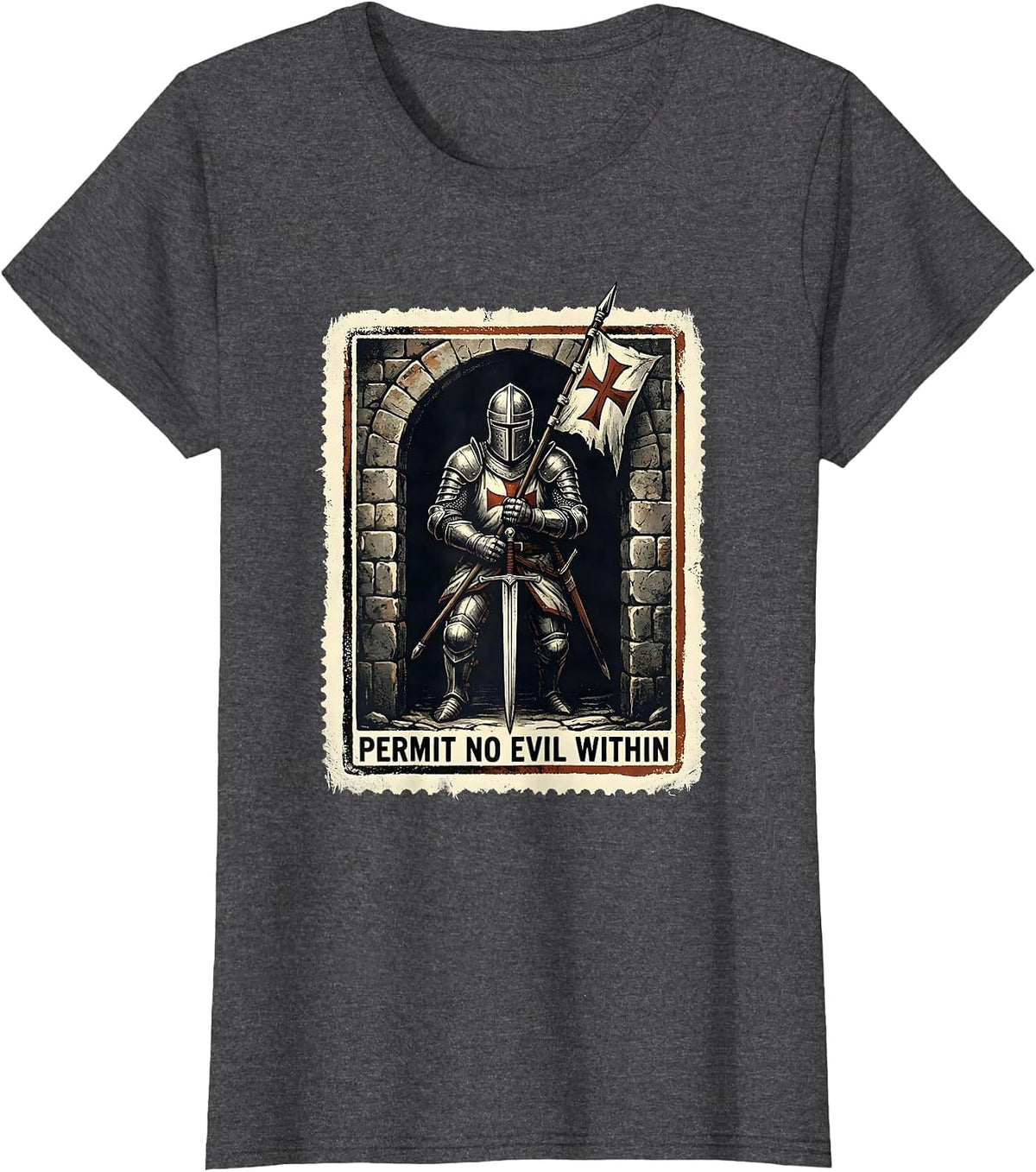 Women's Permit No Evil Within Rubber Stamp Knight Templar Crusader T-Shirt - Dark Heather Grey
