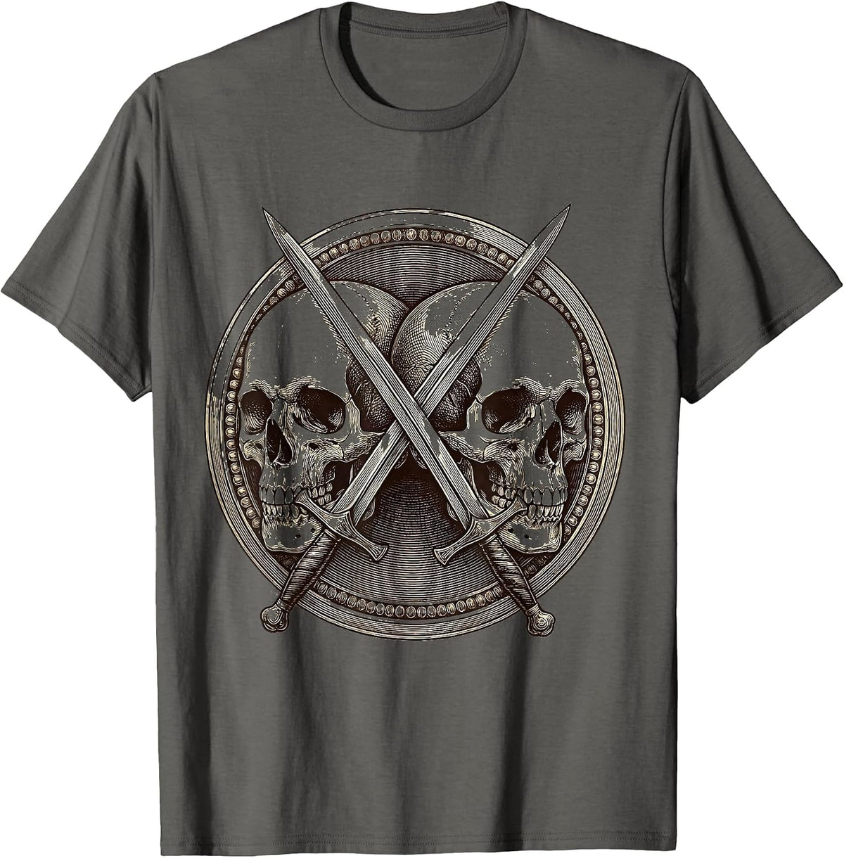 Twin Skulls Crossed Swords Dark Gothic Design T-Shirt - Asphalt Grey