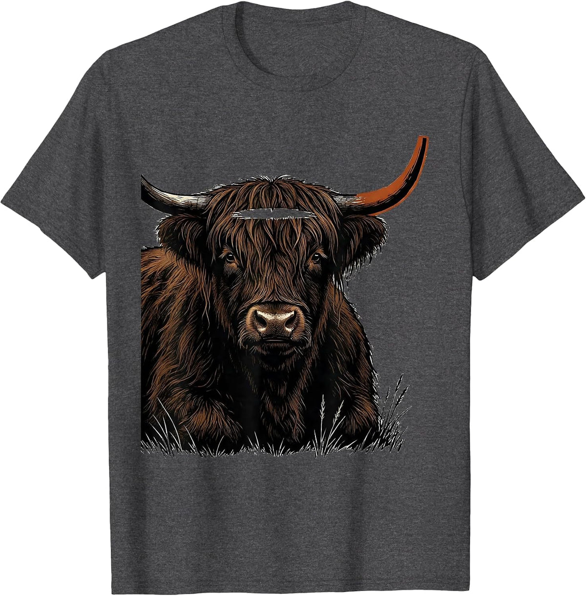 Men's Highland Cow Silhouette Linocut Cute Cow Lover Art T-Shirt - Dark Heather Grey