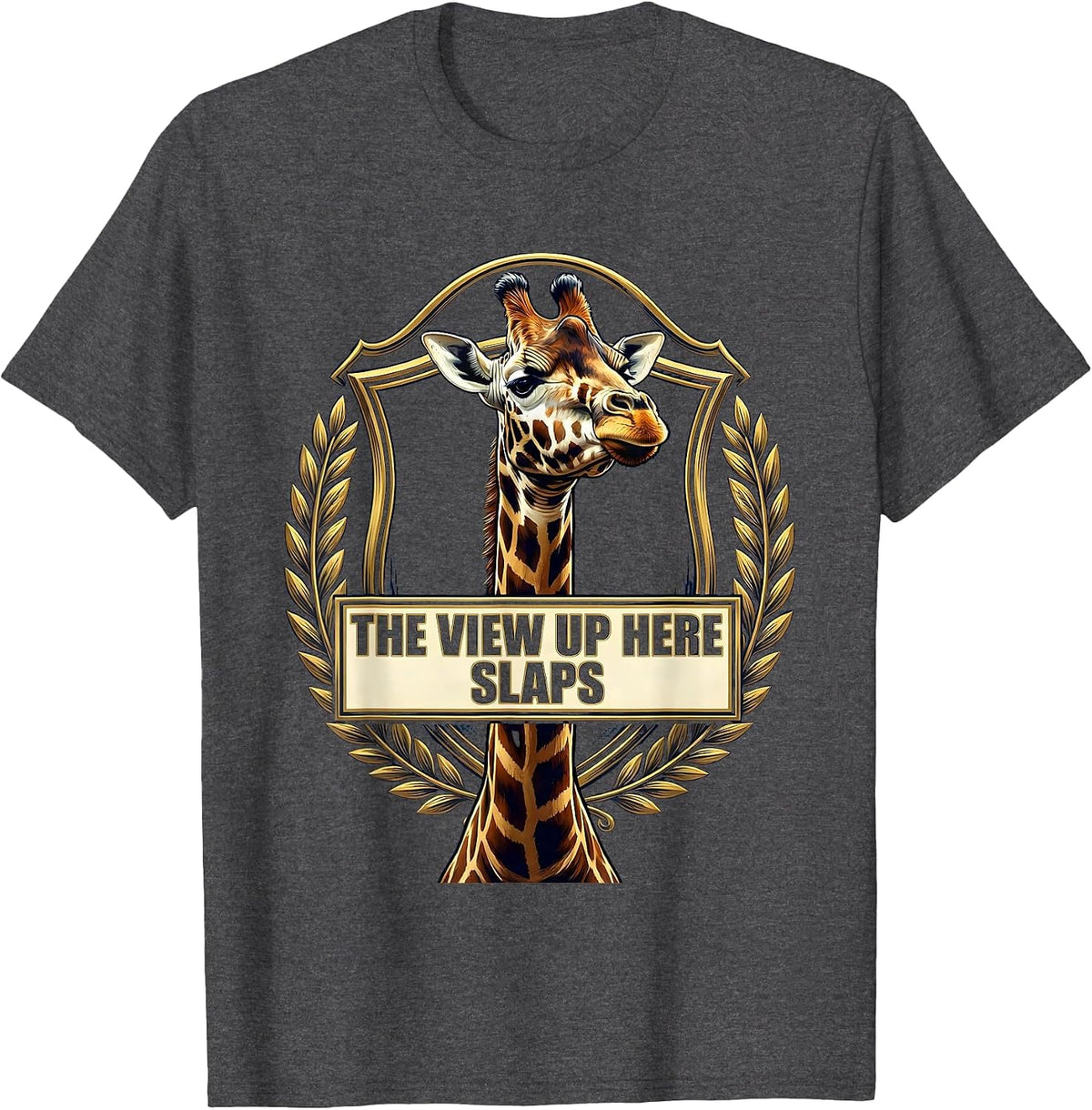 Men's The View Up Here Slaps Giraffe Design T-Shirt - Dark Heather Grey