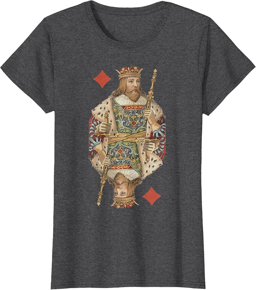 King of Diamonds Antique Art Nouveau Playing Card Art T-Shirt, Women, Dark Heather Grey, Small - As Pictured