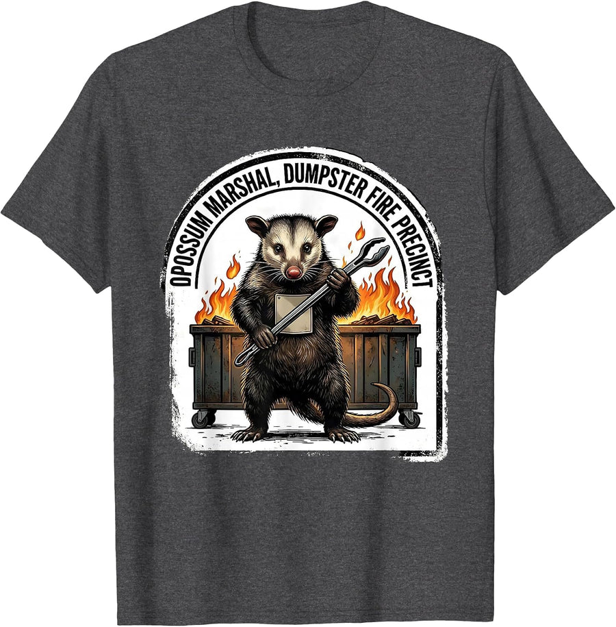 Men's Opossum Marshal Dumpster Fire Precinct Funny Office Humor T-Shirt - Dark Heather Grey