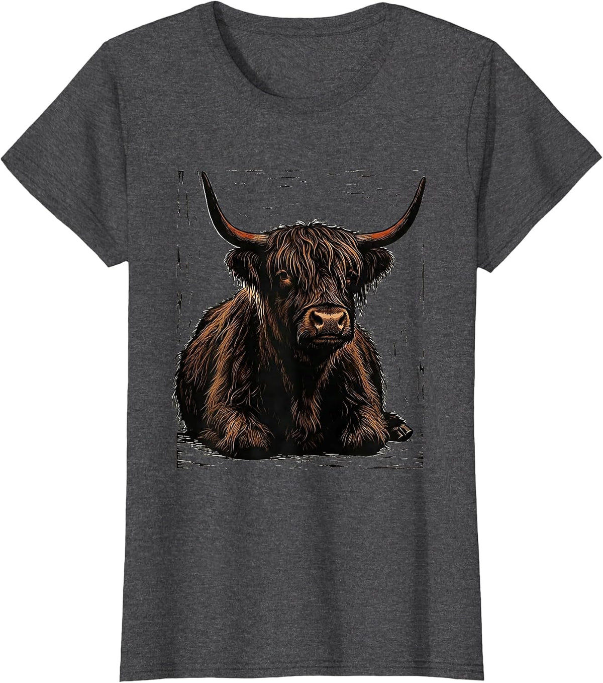 Women's Lounging Highland Cow Linocut Cute Cow Lover Graphic T-Shirt - Dark Heather Grey