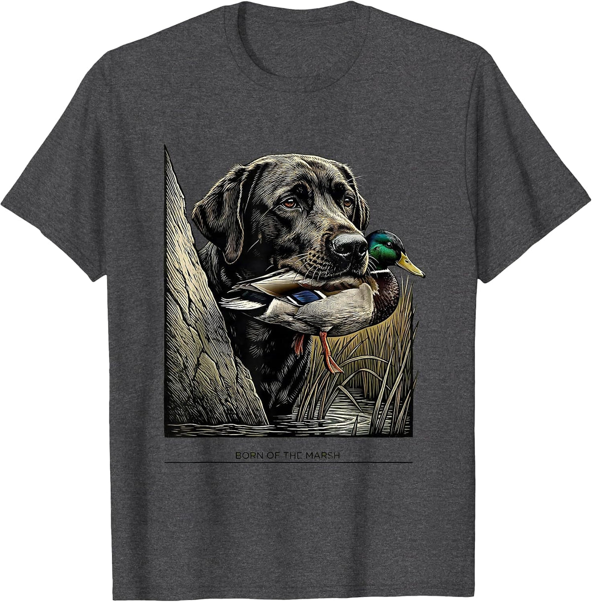 Born Of The Marsh Woodcut Hunting Dog Labrador Duck Youth T-Shirt - Dark Heather Grey