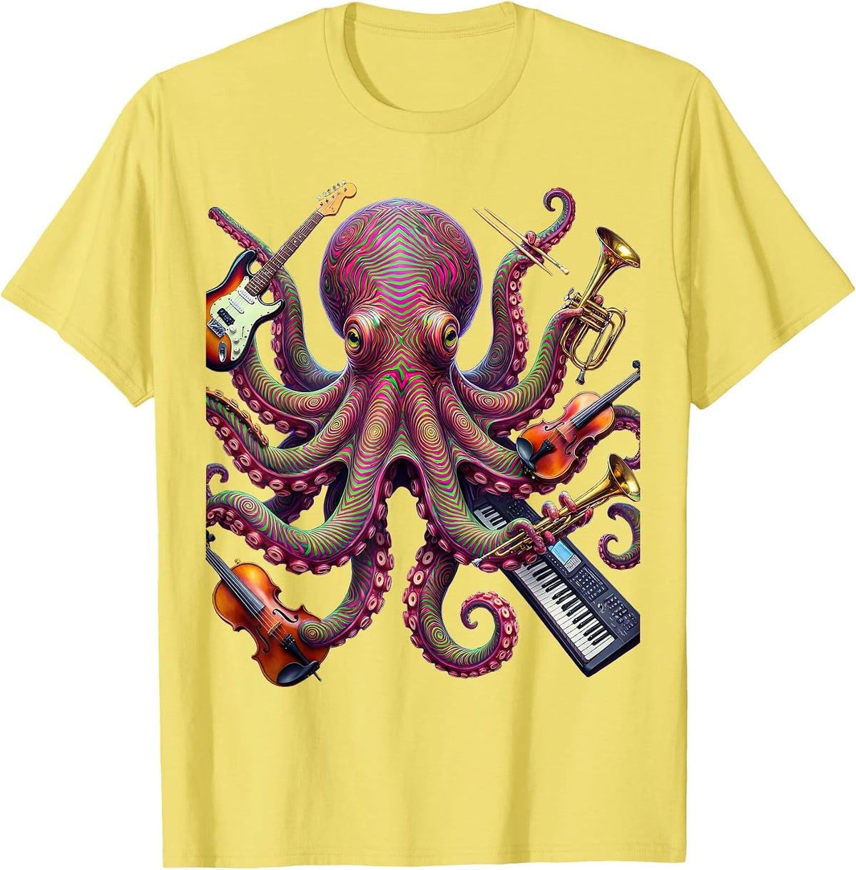 Men's Octopus Multitasking Musician Funny Band Illustration T-Shirt - Lemon Yellow