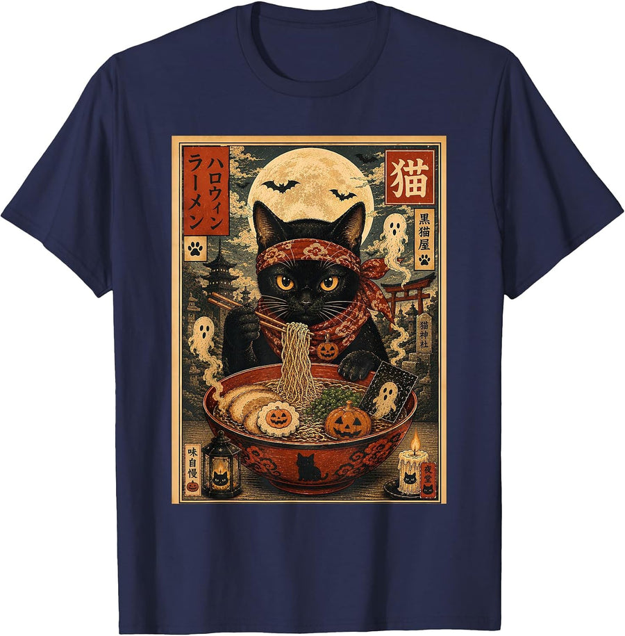 Black Cat Eating Ramen Halloween Vintage Japanese Men Women T-Shirt - Navy Blue
