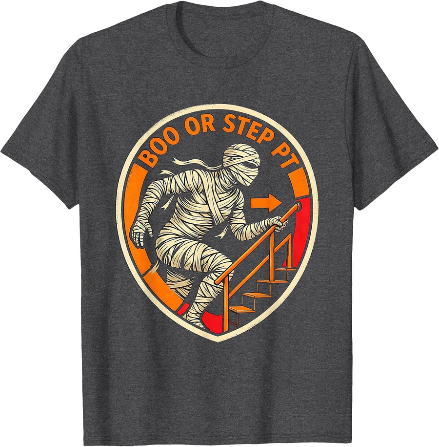 Men's Boo Or Step PT Stencil Graphic Physical Therapy Halloween T-Shirt - Dark Heather Grey