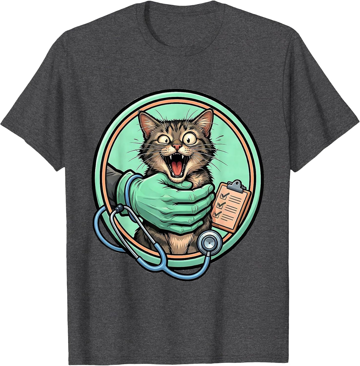 Cartoon Vet Tech Cat Restraint Pet Worker Humor T-Shirt - Dark Heather Grey