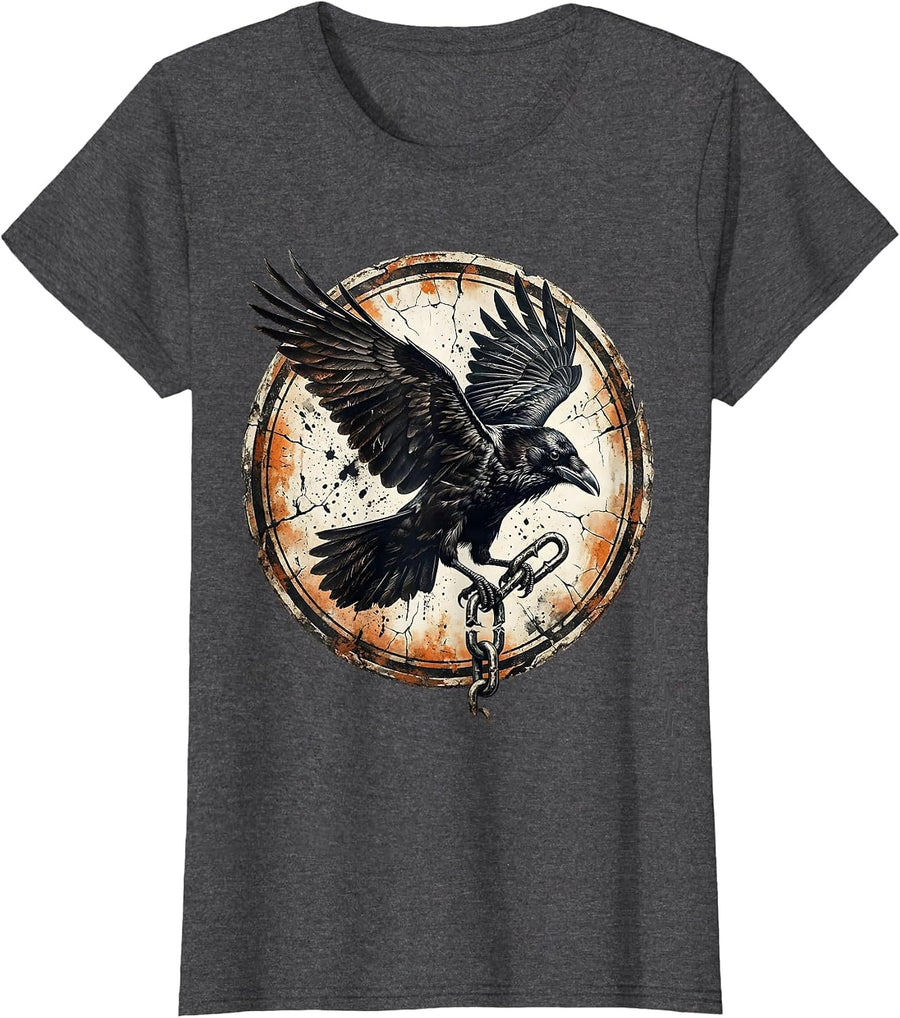 Women's Crow Carrying Broken Chain Link in Flight T-Shirt - Dark Heather Grey