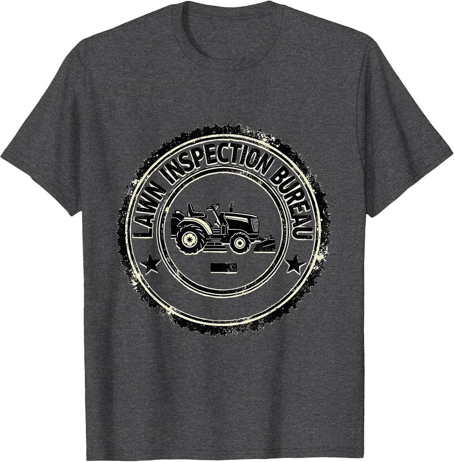 Men's Lawn Inspection Bureau Funny Lawn Mower Dad Gift T-Shirt - Dark Heather Grey