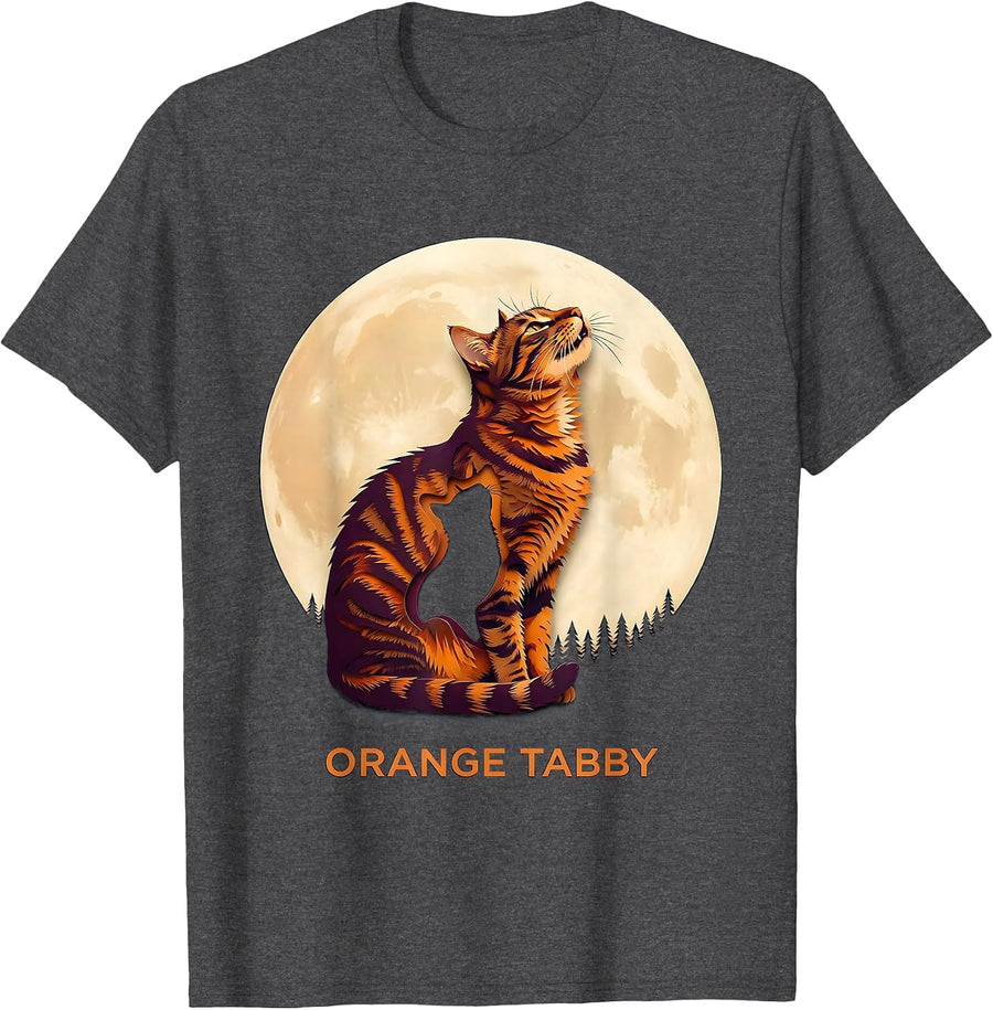 Men's Orange Tabby Paper Cutout Cat Howling at Moon 90's Retro T-Shirt - Dark Heather Grey