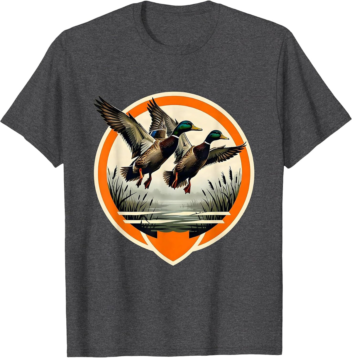 Men's Mallard Duck Camo Foggy Marsh Landing Art T-Shirt - Dark Heather Grey