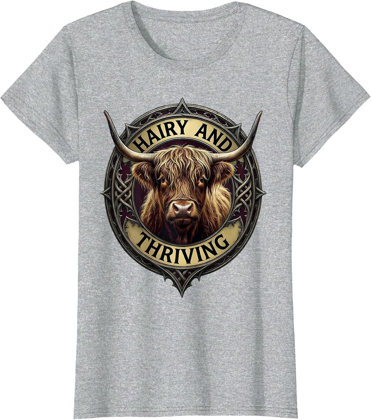 Hairy and Thriving Highland Cow Design T-Shirt - Heather Grey