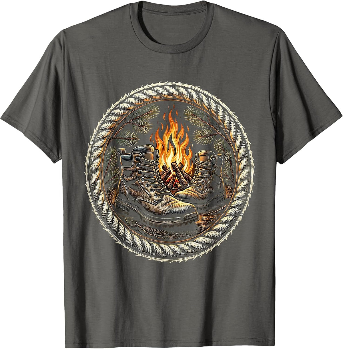 Men's Hunting Boots Campfire Illustration Hunting Design T-Shirt - Asphalt Grey