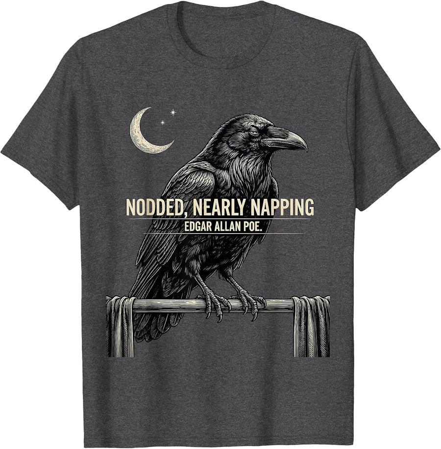 Men's Nodded Nearly Napping Edgar Allan Poe Gothic Literature Fan T-Shirt - Dark Heather Grey