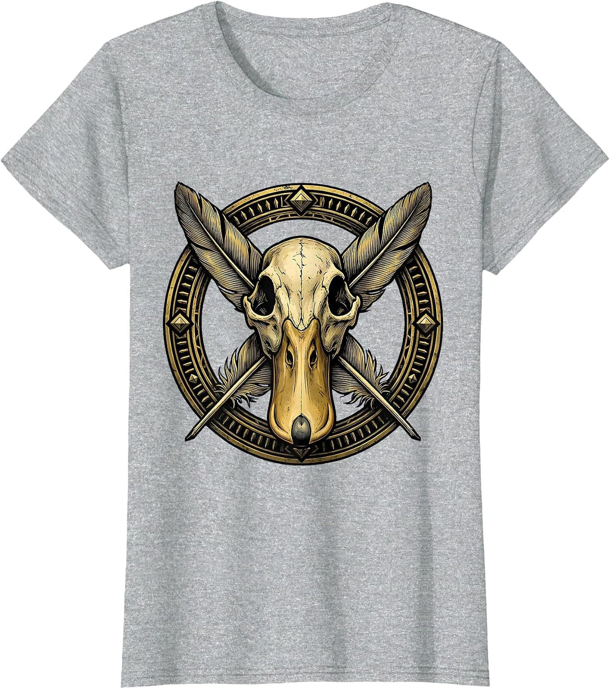Duck Skull Crossed Feathers Dark Graphic Design T-Shirt - Heather Grey