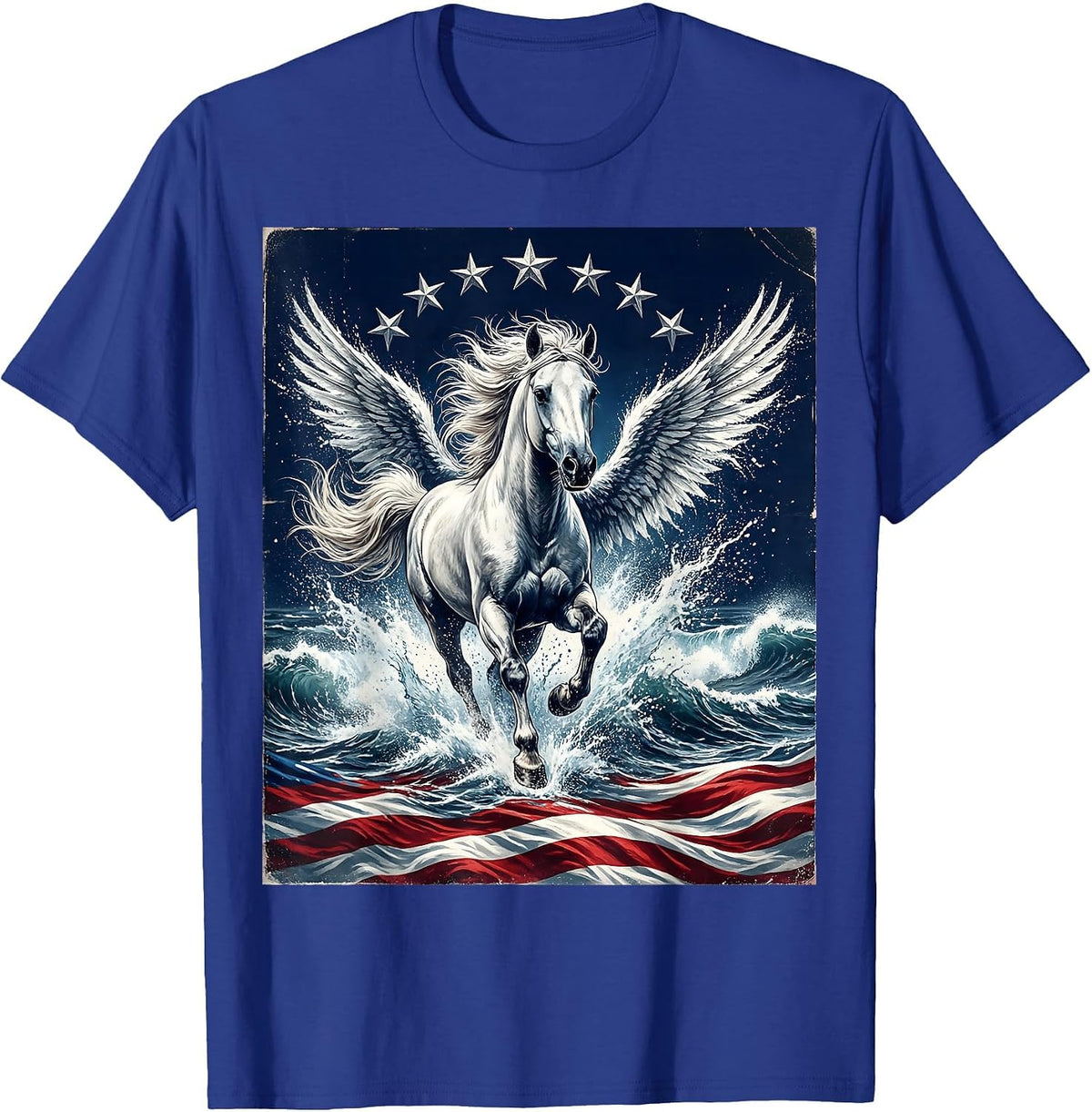 Men's White Horse Galloping Through Crashing Waves T-Shirt - Royal Blue