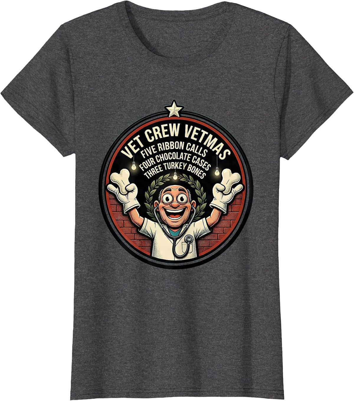 Women's Vet Crew Vetmas Retro Cartoon Veterinary Staff Christmas T-Shirt - Dark Heather Grey