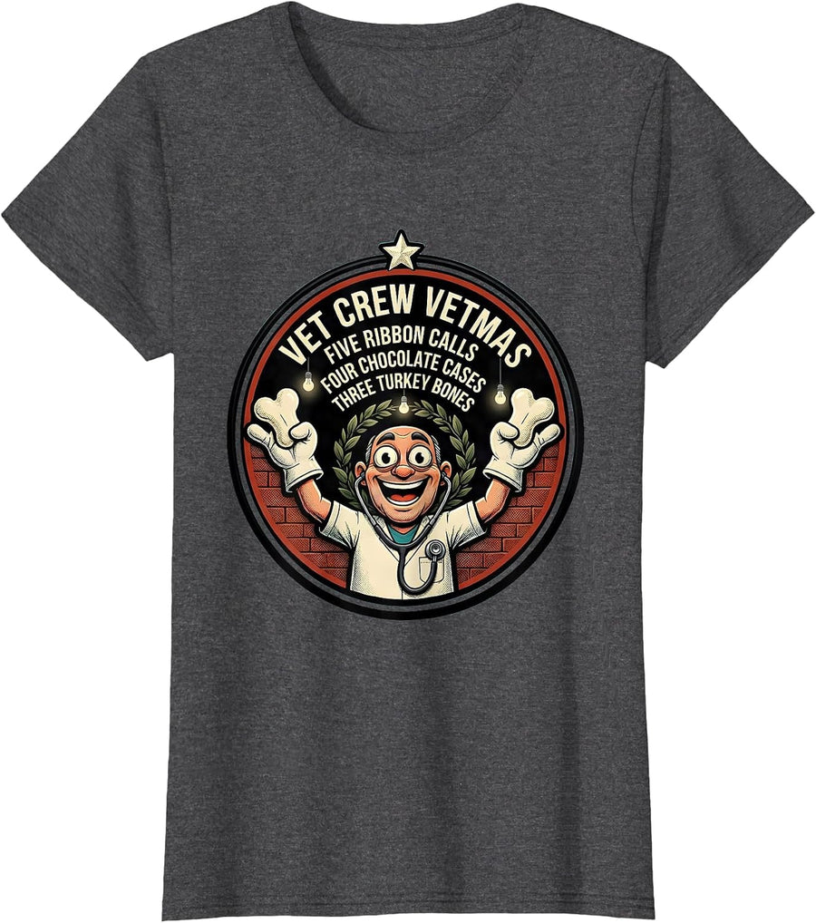 Women's Vet Crew Vetmas Retro Cartoon Veterinary Staff Christmas T-Shirt - Dark Heather Grey