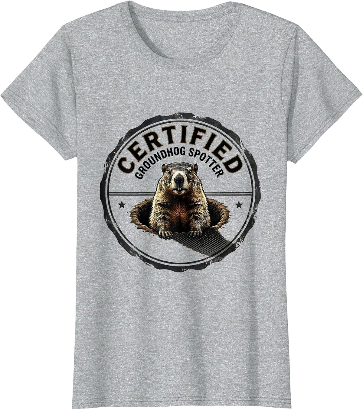 Certified Groundhog Spotter Vintage Emblem Humor Groundhog T-Shirt - Heather Grey