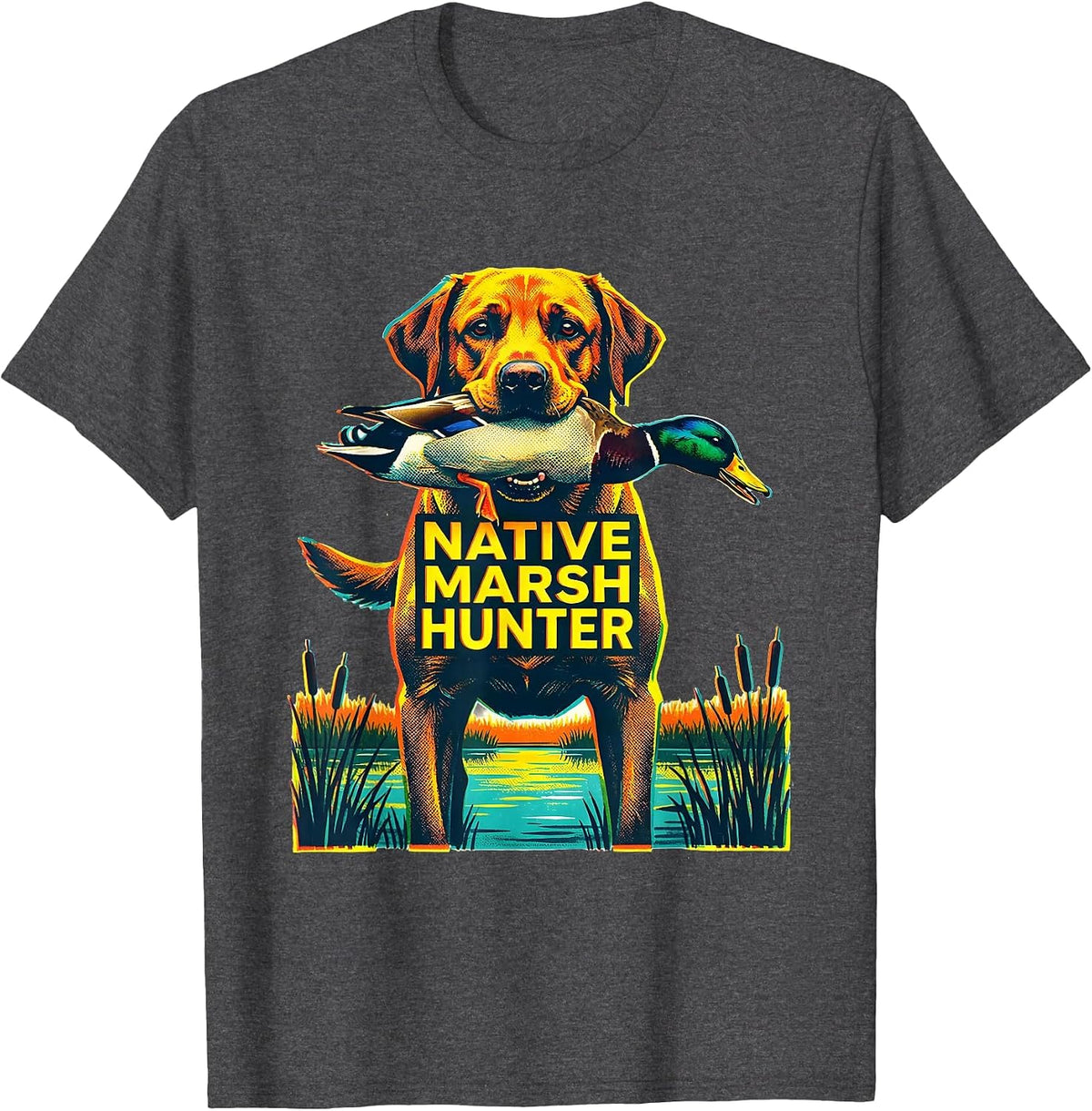 Native Marsh Hunter Risograph Labrador Retriever Duck T-Shirt - Dark Heather Grey