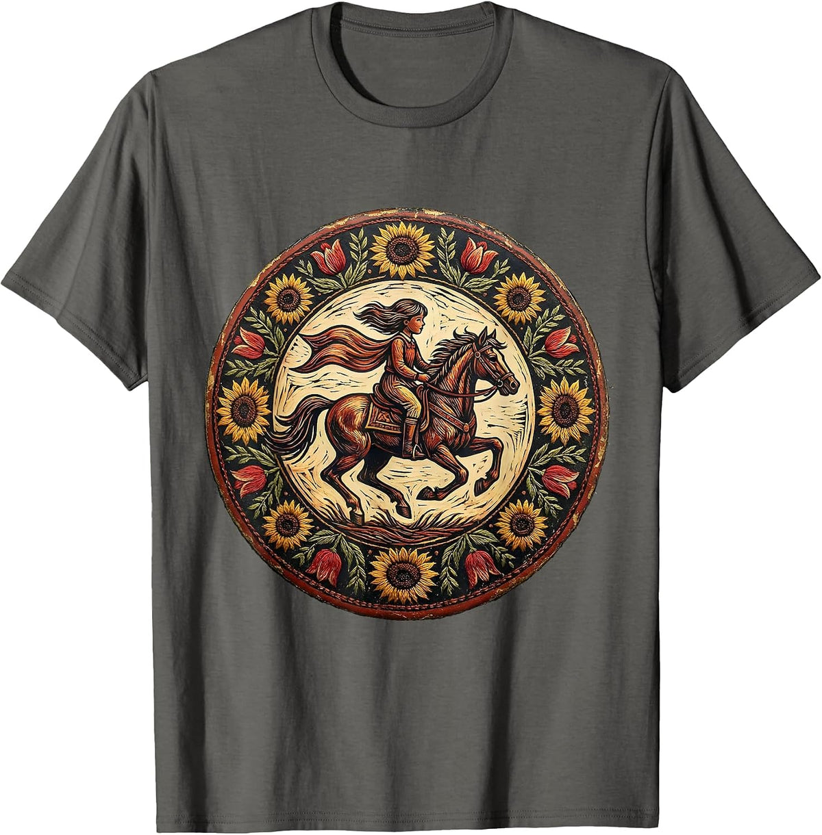 Patriotic Horse Rider with Streaming Flag T-Shirt - Asphalt Grey