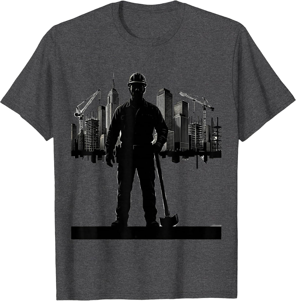 Construction Worker Silhouette City Skyline Graphic T-Shirt - Dark Heather Grey