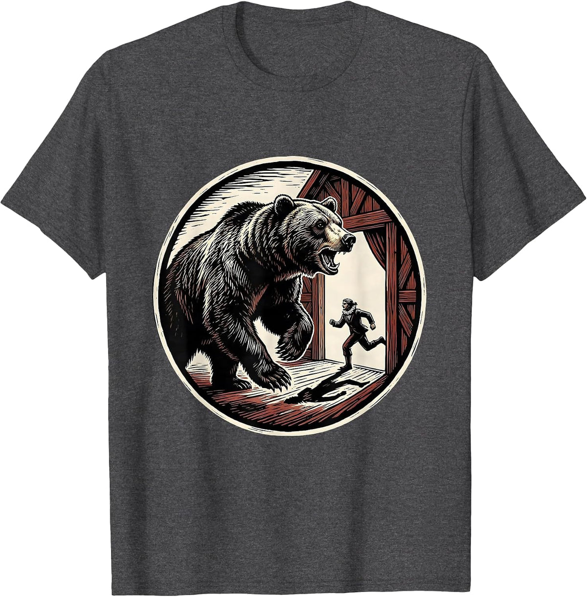Men's Charging Bear Linocut Theatre Humor Shakespeare Fan T-Shirt - Dark Heather Grey